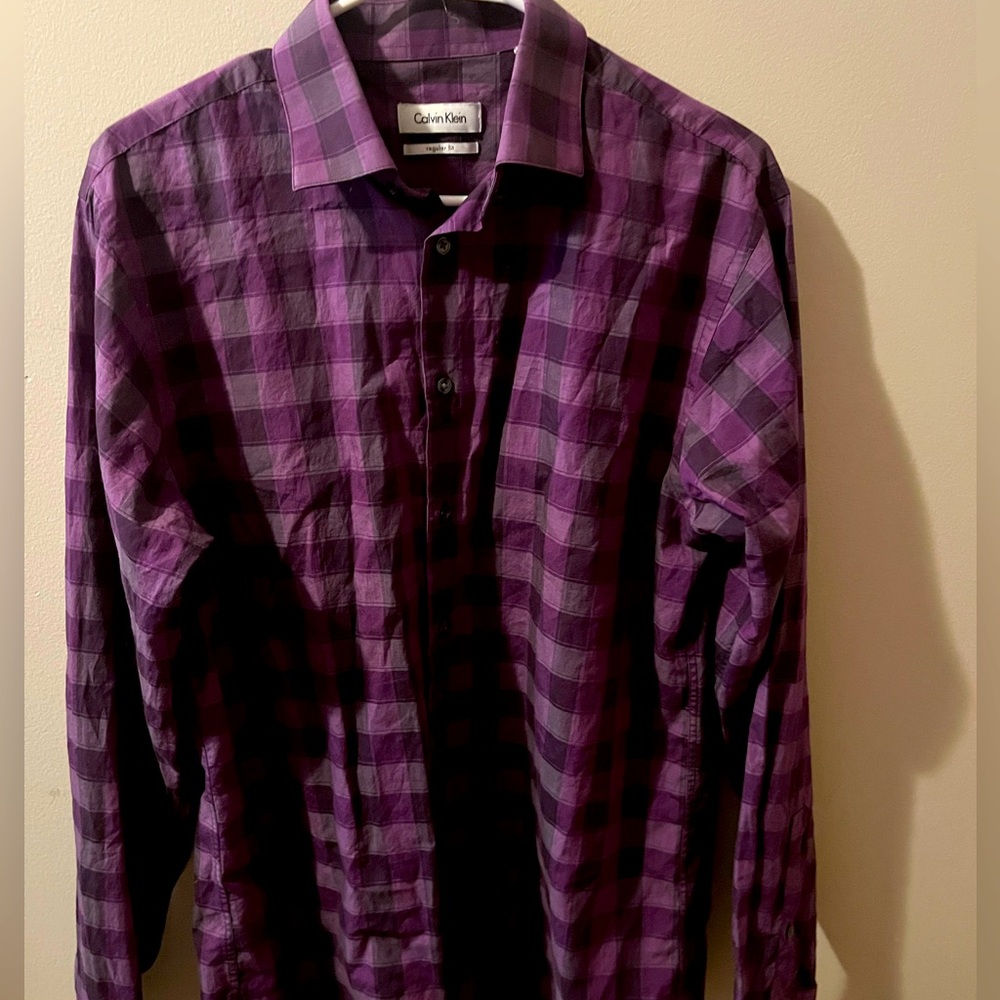 Calvin Klein Purple Plaid Button Down Shirt—Size 34/35